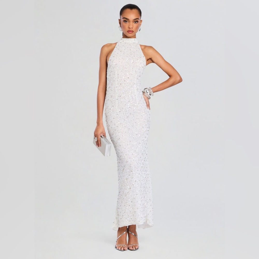 Retrofete Olivia Maxi Sequin White Halter Gown
